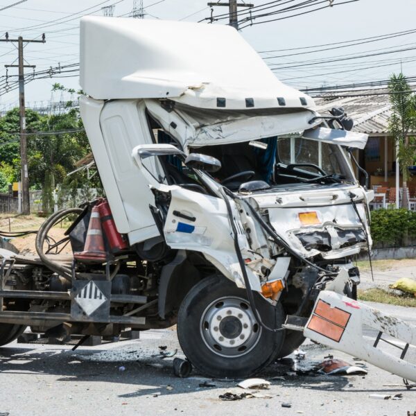 a truck that has been involved in an accident on the side of the road